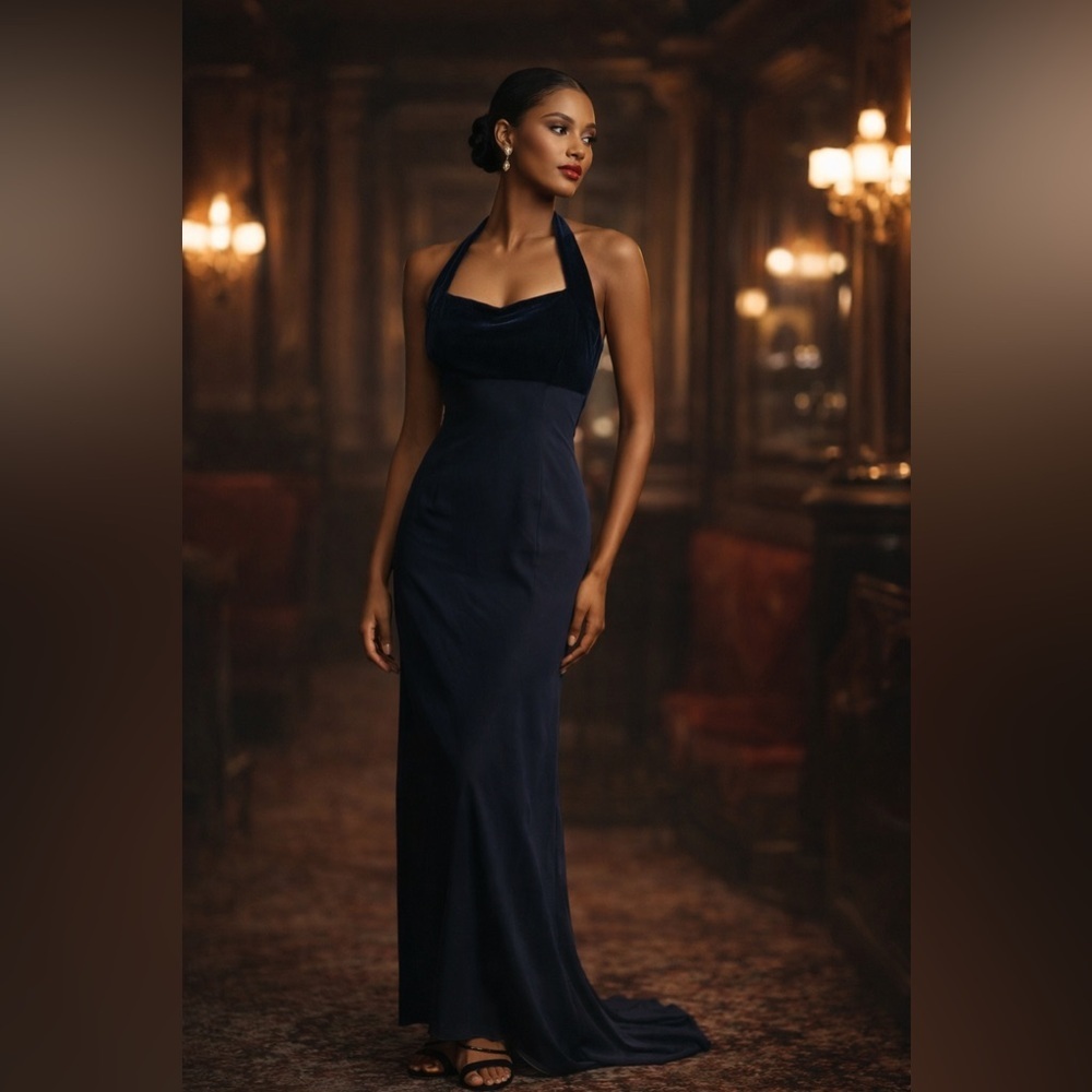 Vintage 80s Zum Zum Niki Livas Navy Velvet Halter Gown formal evening prom Small - Picture 1 of 10